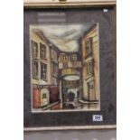 A gilt framed mixed media town scene view with horse and trap, signed