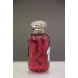 Large engraved Cranberry glass Cologne bottle with hallmarked Silver lid, Original Perfume Bottle Co