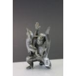Oriental White Metal Ape Figure with Baby signed with Character Marks