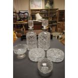 Pair of hallmarked Silver collared cut glass decanters and other glassware