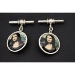 Pair of cufflinks depicting the Mona Lisa marked 925 and enamel