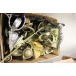 Box of mixed brass and other metalware to include three small tins of mainly European coins