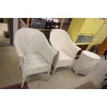 Two Lusty Lloyd Loom White Tub Chairs together with a Lloyd Loom Style Linen Basket