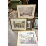 Six framed & glazed Prints with pencil margin signatures and an Oriental silk picture