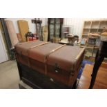 Early 20th century Wooden Bound Canvas Travelling Trunk