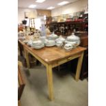 Early 20th century Pine Kitchen Table with Painted Base and Drawer to end