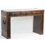 Reproduction Antique Vanity Desk finished in the form of a Brown Leather Steamer Trunk, the