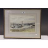 William Hawksworth mid 20th century watercolour harbour scene details to reverse