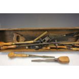 Wooden tray containing a quantity of vintage tools featuring plane, chisel etc