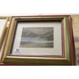 A framed oil painting of Highland Lake View, signed and exhibition label to verso