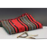 Native American Woollen Blanket predominately Red and Black together with Native American Pipe