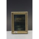 Oil on board tranquil seascape by moonlight signed with monogram