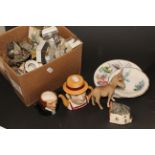 Box of mixed ceramic items to include Beswick Donkey, thimbles, Wade etc