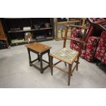 Antique Oak Joint Stool together with a Fruitwood Pegged Bedroom Chair