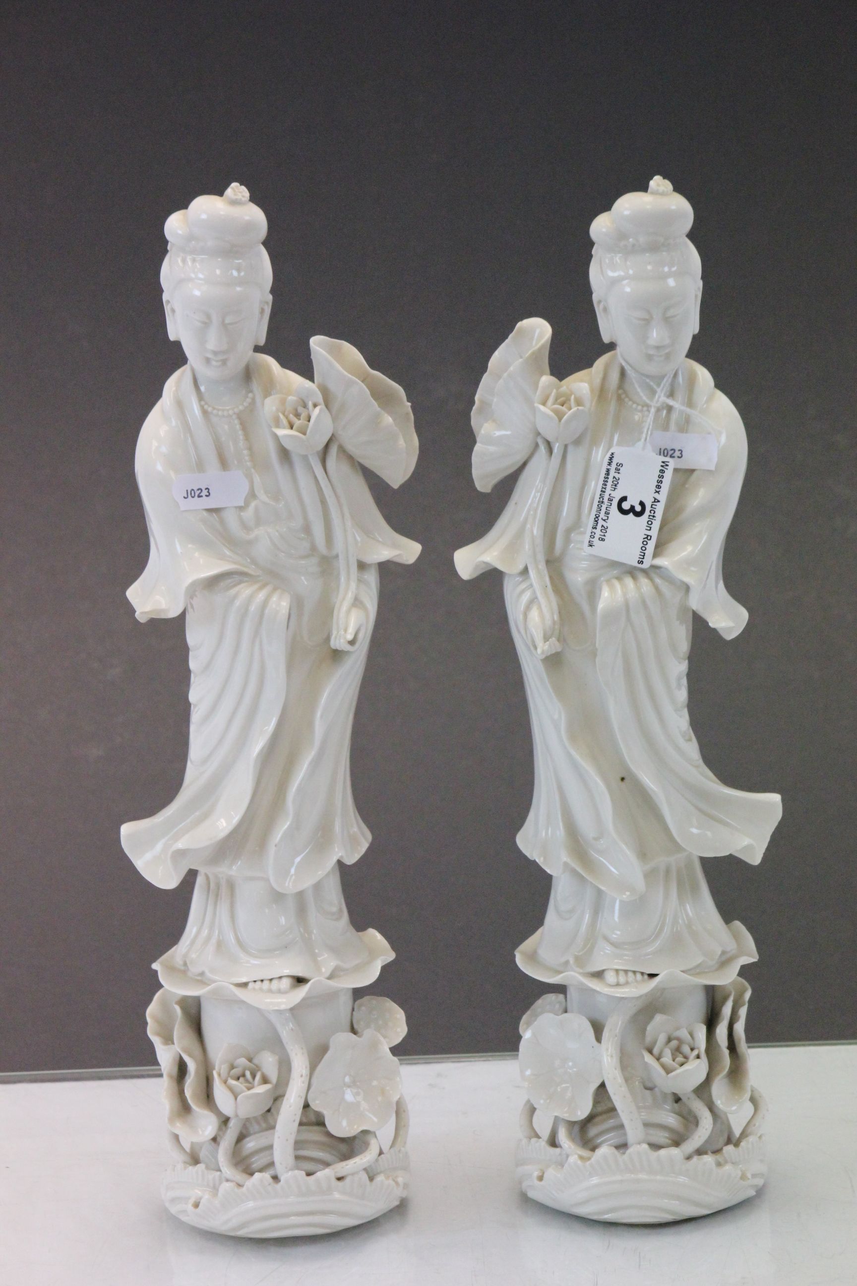 Pair of Oriental Blanc de Chine figures, possibly Guan Yin