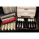 Boxed Parker fountain pen & another, a cased set of six hallmarked Silver teaspoons with tongs and a