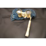 Pair of Mother of Pearl & gilt brass Opera glasses with telescopic handle and original carrying