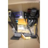 Box of mixed collectables to include decanters and cameras etc