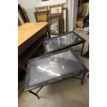 Pair of Early 20th century Ebonised Low Side Tables with Mother of Pearl Inlay and Faux Bamboo Legs