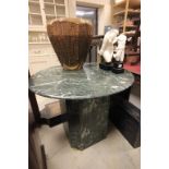 Contemporary Circular Grey Marble Table on Large Square Pedestal Marble Base