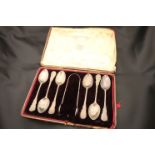 Cased set of six hallmarked Silver teaspoons with sugar tongs