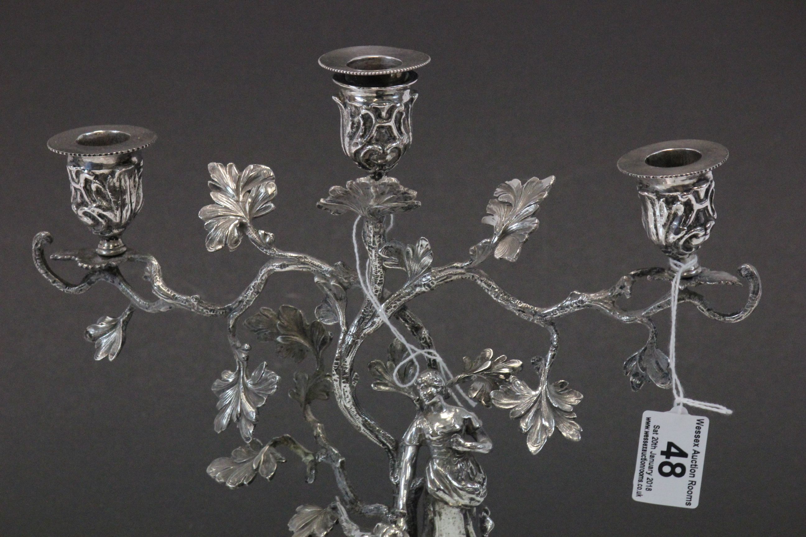 Silver plated three branch Candlestick in a Tree design with girl & dog to base - Image 2 of 3