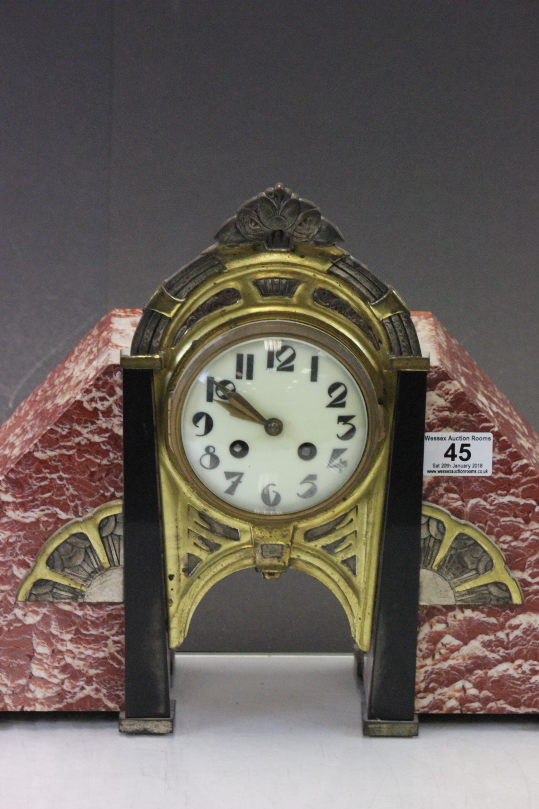 French Art Deco Marble & Brass clock with Garnitures - Image 2 of 5