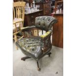 Early 20th century Green Leather Button Elbow Swivel Office Chair