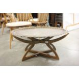 Asian Hardwood Folding Table with Oval Brass Tray Top with engraved foliage design