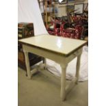 Victorian Dairy Table with Brass Framed White Enamel Top on a Painted Wooden Base with Drawer to