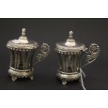 Pair of Continental white metal and glass Hot Chocolate cups with hinged lids