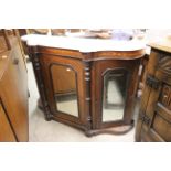 Victorian Walnut Inlaid Credenza with Marble Top, three mirrored doors and raised on a plinth base