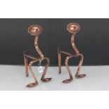 Pair of Arts & Crafts Copper Fire Dogs / Andirons with Hammered Copper Oval Panels and Flattened