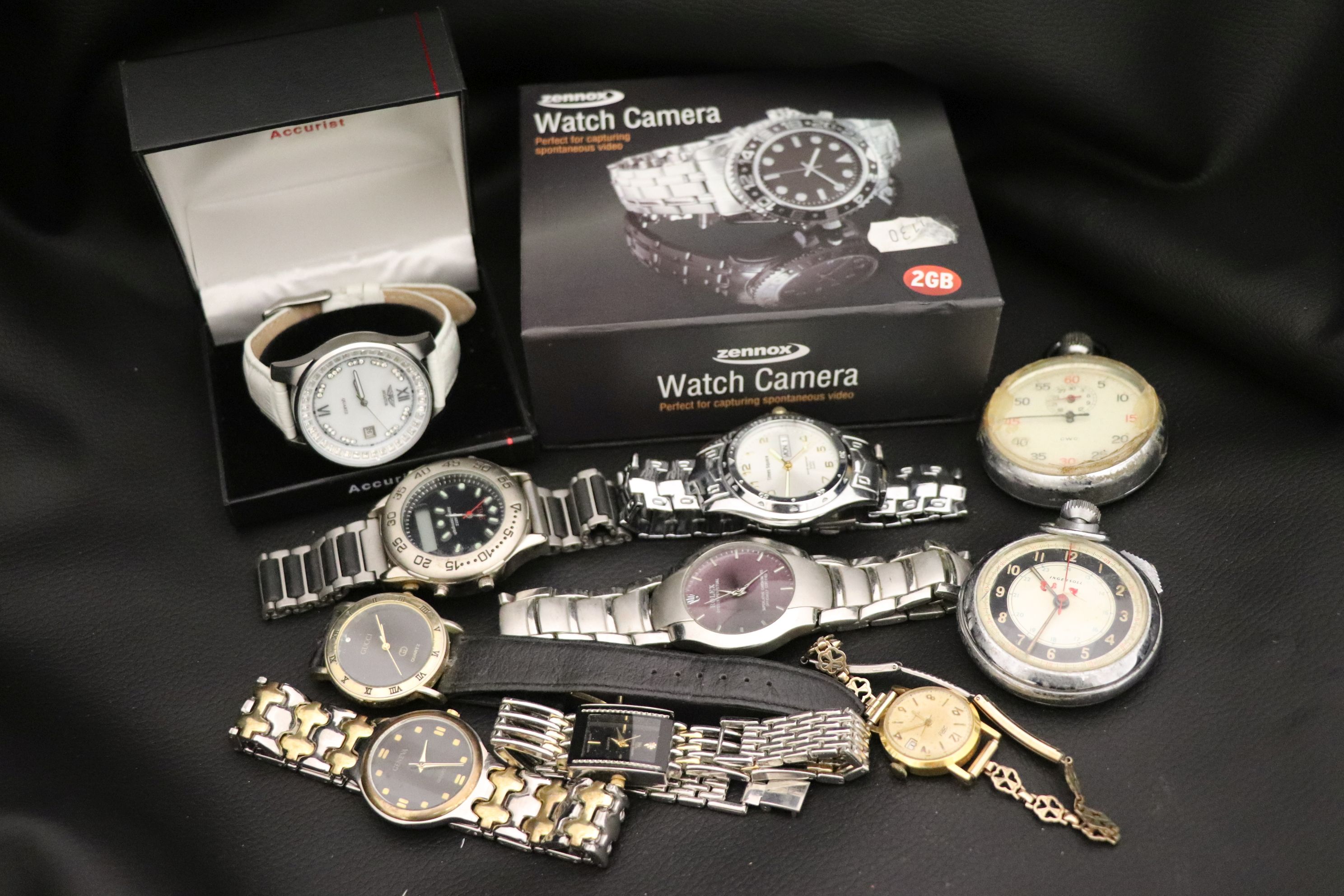 A collection of wristwatches and chrome plated pocket watches to include Ingersoll, Zennox watch