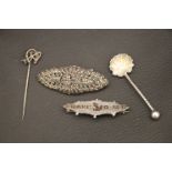 A silver drakes Royal Navy division sweetheart brooch, salt spoon etc