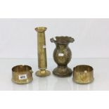 WW1 1917 hammered vase, pair of 1955 Sultan of Oman ashtrays, WW1 1 1/2 lb shell vase 1918, all