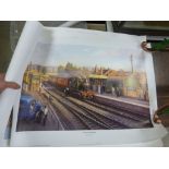 Three rolled railway prints to include an Artists proof by Robin Pinnock "Martock Memories" and a