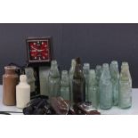 Mixed collectables to include; binoculars, teapot stands, cameras & glass Cod bottles