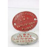 Two painted Cast Iron Railway wagon plaques, marked LMS Derby 1935 & LMS Earlestown 1946