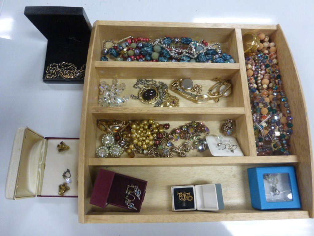 Wooden Tray of Mixed Costume Jewellery including Beads and Earrings plus Ladies Wrist Watches