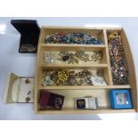 Wooden Tray of Mixed Costume Jewellery including Beads and Earrings plus Ladies Wrist Watches