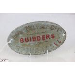 Painted Cast Iron Railway wagon plaque, marked "Hurst, Nelson & Co Ltd Builders Motherwell"