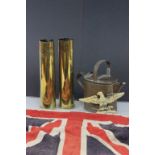 Pair of WW1 shell cases 75mm, a Brass water jug, old Union Jack flag and a WW2 Italian Fascist