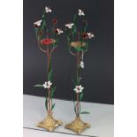 Pair of Floral design metal candlesticks with ceramic & painted flowers