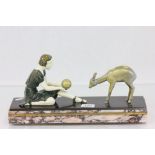 Art Deco painted metal sculpture of a Girl & Ball playing with a Deer on a Marble base
