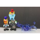 Two Murano glass Clowns and a Blue Art glass bowl