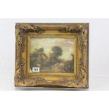 A 19th century style textured print of a rural scene with sheep in an ornate gilt frame.