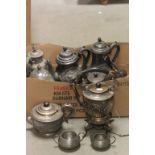 Box of mixed vintage Silver plate & Pewter teapots etc