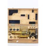 Wooden cased Brass Microscope etc