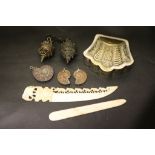 A unusual bone letter opener with three ammonites etc